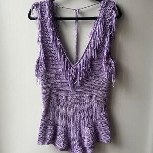 Lilac Purple Crochet Fringe Body Suit, size M